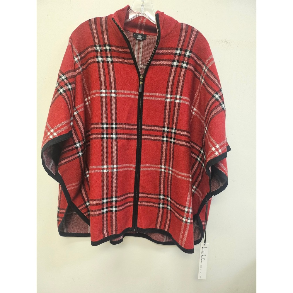 Nicole Miller New York Red Plaid Zip Front Poncho Wrap Mock Neck NWT S/M
